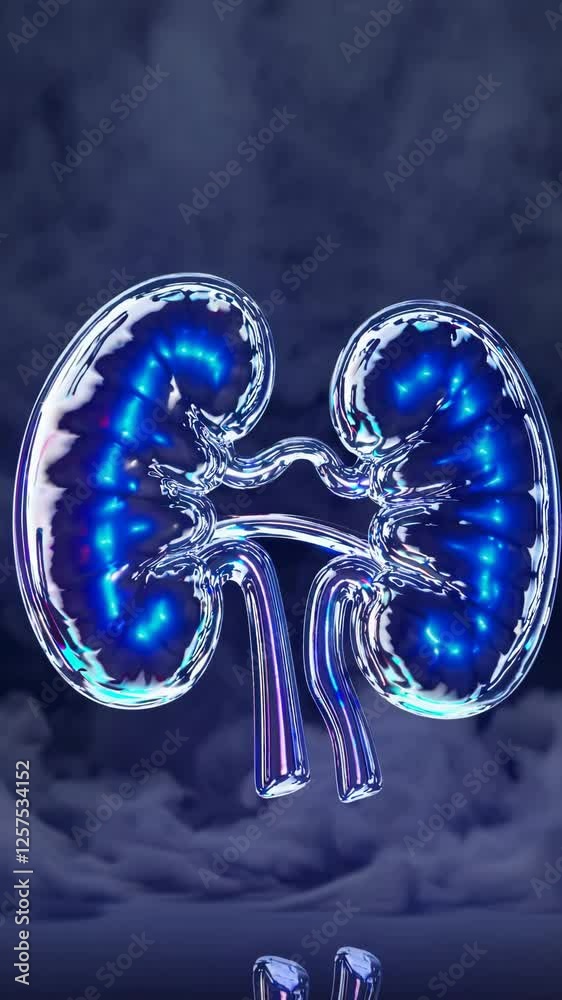 Poster futuristic kidneys pulsating with vibrant blue and red energy, surrounded by swirling mist, creating