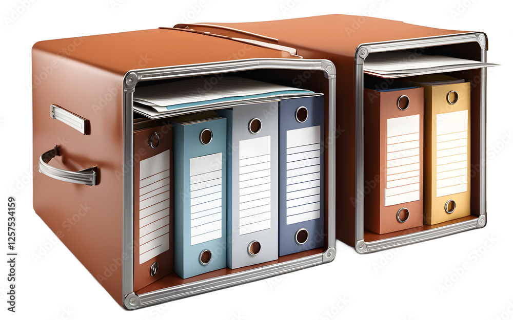 Poster A file box with hanging folders neatly arranged inside, isolated on a empty plain background