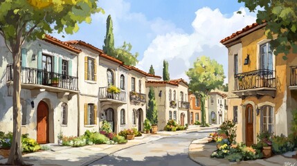 Obraz premium mediterranean residential illustration, pastel colored townhouses, ornamental balconies, urban garden elements, quaint european architecture, detailed facade design, cozy street atmosphere, artistic