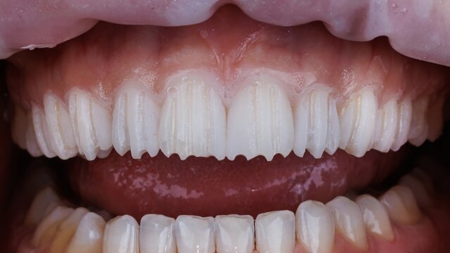 sawed teeth before dental preparation under veneers of the upper jaw