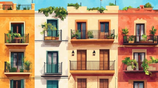 Fototapeta vibrant spanish street architecture, illustrated building row, potted greenery on balconies, diverse colored facades, rustic apartment buildings, traditional european houses, decorative balconies,