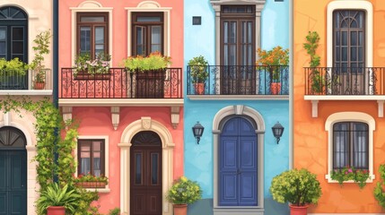 Naklejka premium charming apartment row illustration, colorful european facades, potted plants on balconies, architectural character study, residential street scene, diverse door designs, vintage urban details,