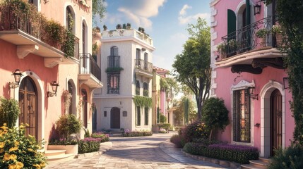 Fototapeta premium mediterranean residential illustration, pastel colored townhouses, ornamental balconies, urban garden elements, quaint european architecture, detailed facade design, cozy street atmosphere, artistic