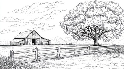 Rustic barn, large tree, fence, idyllic countryside scene, farm illustration