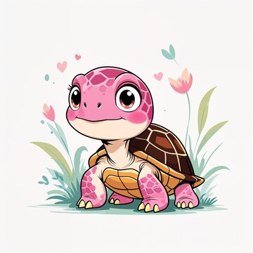 Cute pink turtle cartoon illustration on plain white background