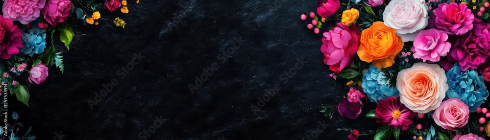 Poster colorful flowers arranged on a black background creating a striking visual contrast