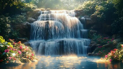 Beautiful waterfall cascading tropical paradise lush jungle sunlight glistening water. Perfect relaxation meditation nature documentaries travel vlogs spa background.