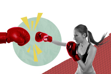 Creative poster collage of confident sportive female boxing training fight opponent unusual...