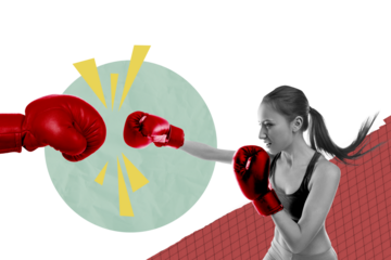 Creative poster collage of confident sportive female boxing training fight opponent unusual fantasy billboard comics