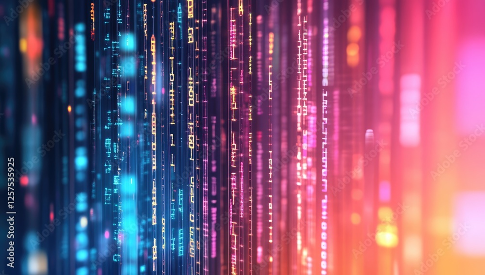 Poster abstract digital code stream, colorful vertical lines, glowing background