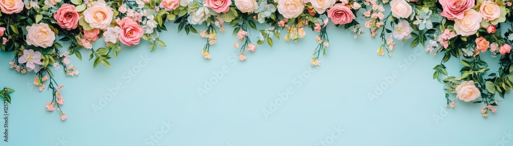 Poster blue background featuring delicate pink flowers arranged in an artistic pattern and design