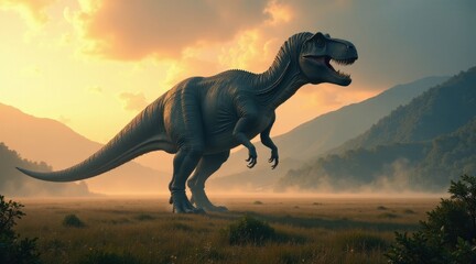 Fototapeta premium Majestic prehistoric reptile standing in a tranquil dawn meadow, silhouetted against a misty mountain range, bathed in the warm golden light of the rising sun.