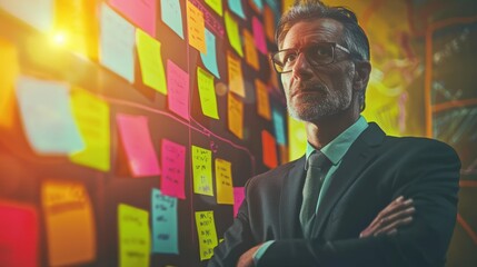 Senior businessman with glasses in formal attire standing before wall filled with colorful sticky notes, thoughtful expression, brainstorming and strategic planning concept with warm golden lighting.