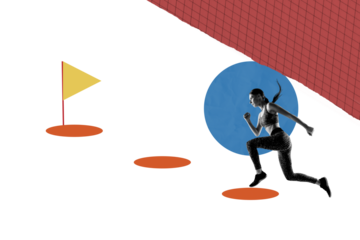 Creative abstract template collage of energetic sportive female running stairs finish flag race billboard comics zine minimal