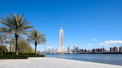 Fototapeta premium Skyscraper waterfront park sunny day cityscape