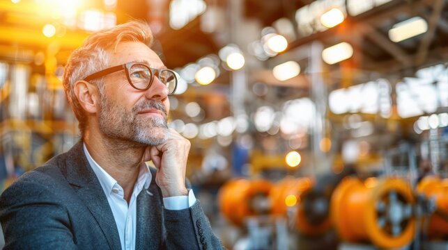 Senior businessman with gray beard and glasses wearing a smart suit, gazing into the distance with a thoughtful expression. Industrial background with warm golden lighting, innovation concept...