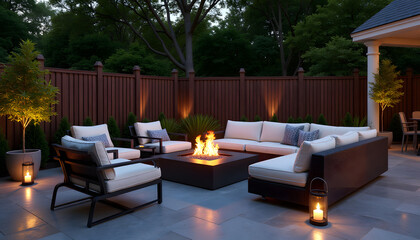 Fototapeta premium Highly detailed 3D render of a modern patio with stylish fire pit and cozy seating arrangement