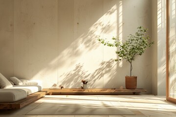 Bright Japanese living room with minimalist design, soft sunlight streaming through large windows, potted plants, light wood furniture, quiet ambiance, sense of solitude, natural simplicity.