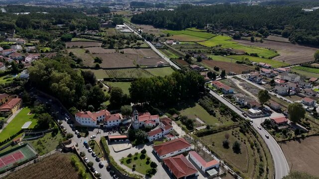 Aerial view of Igreja Paroquial de S. Crist&oacute;v&atilde;o do Muro in Trofa Portugal surrounded by fields