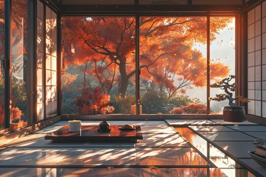 Japanese room with large windows framing vibrant red autumn foliage, traditional tatami flooring, minimalist table, natural light, serene ambiance, inviting setting, cultural tranquility.