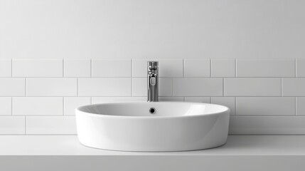 Fototapeta premium Compact white ceramic washbasin with modern chrome drain in minimal bathroom setting