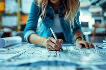 Designer reviewing architectural blueprints in a modern office, focusing on detailed planning and precision, highlighting a creative and professional workspace environment.