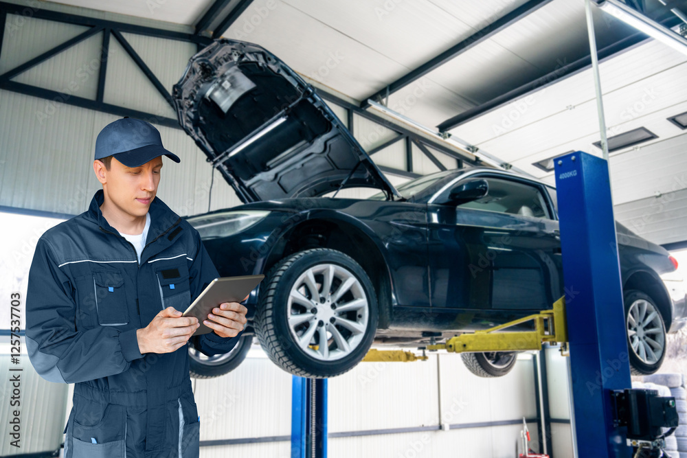 Poster serviceman with digital tablet on the background of the car in the car service.