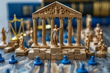 Golden figurines in a courtroom diorama with columns and scales, representing justice, fairness, order through an intricate and creative design with symbolic and professional elements.