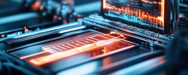 Fototapeta premium A futuristic AI-controlled packaging system, glowing holographic interface, seamless industrial production