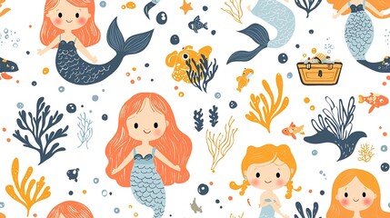 Naklejka premium Cute mermaids swimming in ocean, treasure chest, seaweed; seamless pattern for kids' fabric, wallpaper
