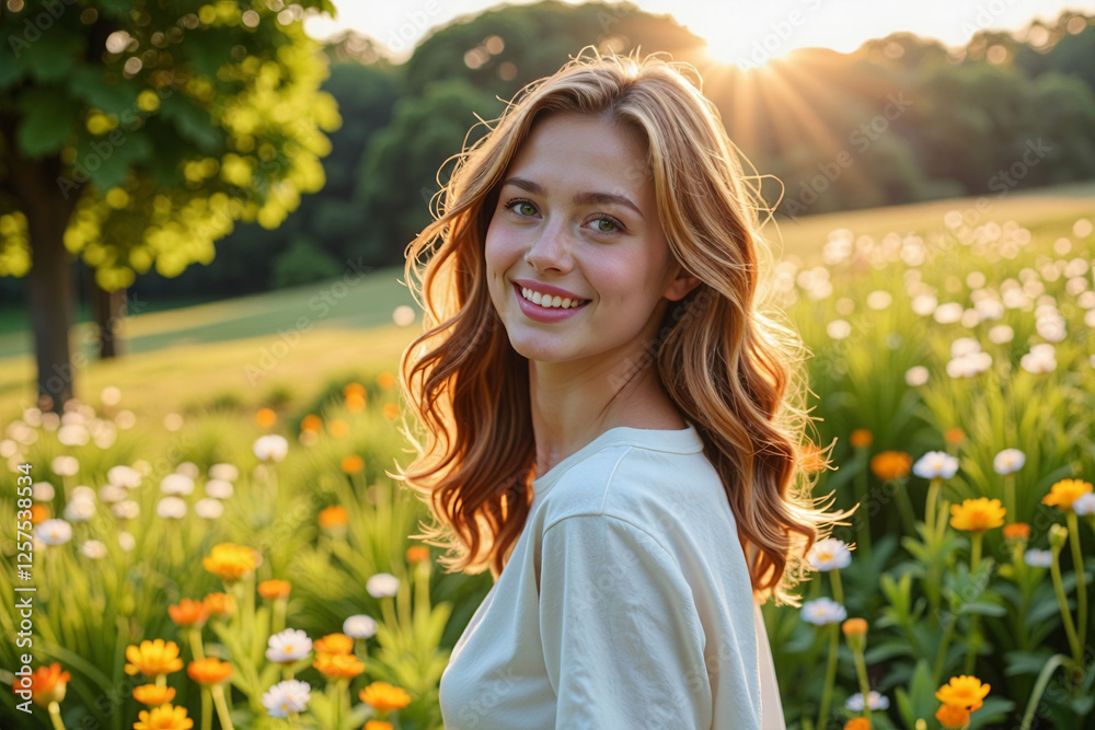 Sticker A woman with long hair is smiling in a field of flowers. Concept of happiness and joy, as the woman is enjoying the beautiful surroundings. The bright colors of the flowers