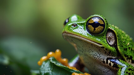 Green Tree Frog Perched on Leaf with Focus on Striking Eyes