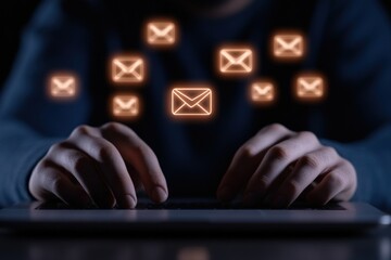typing on a Laptop surrounded by Email Icons