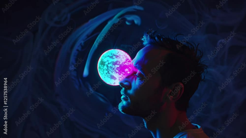 Poster a man's face merging with planet earth, surrounded by drifting nebula clouds and distant stars,