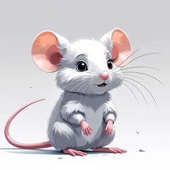 Cute white mouse cartoon illustration on plain white background