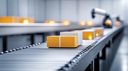 Advanced robotic conveyor system efficiently sorting and packing goods, factory automation concept