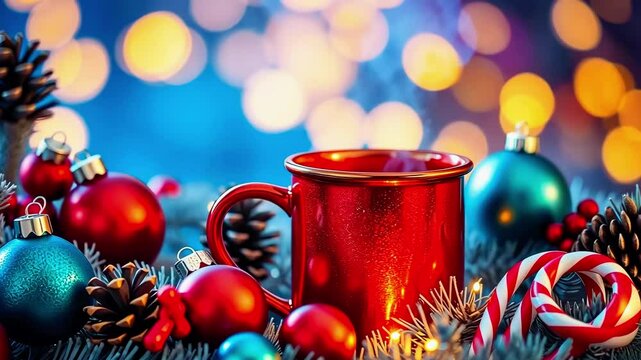 Festive red mug surrounded by colorful ornaments and pinecones, set against a blurred bokeh background