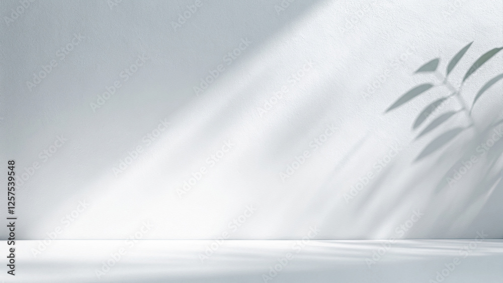 Poster minimalistic simple background for product presentation. shadow from plant foliage and light on whit