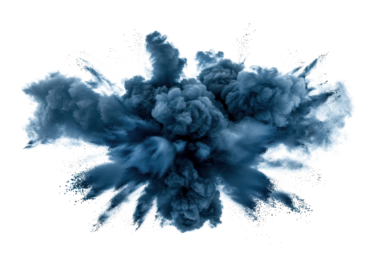 dark blue paint color powder blast explosion isolated on white or transparent png