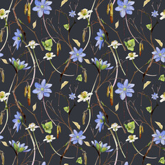 Branch with catkins, spring flowers blue hepatica forget-me-not, white forest anemone primrose, watercolor hand drawn. Seamless pattern botanical illustration isolated on dark. Wedding, florist shop