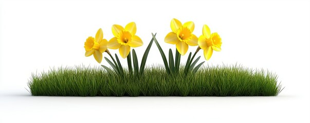3D realistic daffodils with golden yellow petals and trumpet centers growing in soft spring grass, isolated on white background