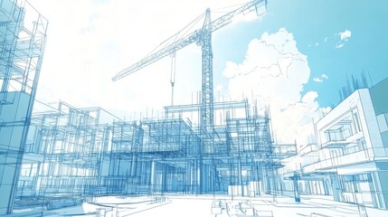architectural blueprint visualization, construction site sketch, technical drawing style, building framework illustration, tower crane design, structural engineering drawing, blue tinted construction