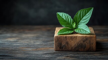 Fresh green mint leaves resting on a rustic wooden block, highlighting natural textures and colors