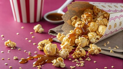 Delicious caramel popcorn spilling from a festive bag