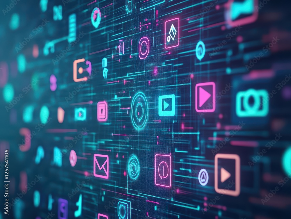 Poster Blue and pink abstract background featuring various icons and shapes for design projects
