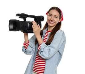 Happy woman with professional video camera on white background