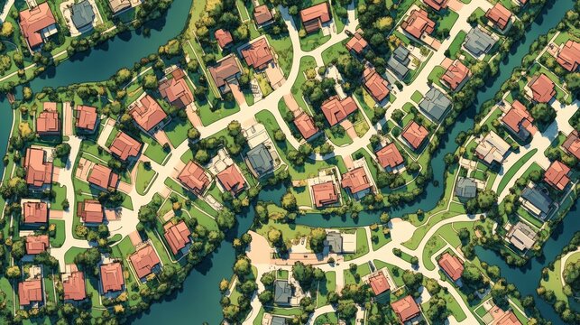 topographic community map, residential planning illustration, urban development layout, green space integration, architectural master plan, bird eye view design, suburban neighborhood plan, landscape