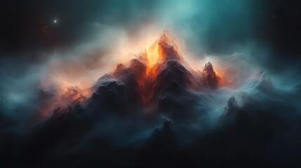 Obraz premium Fiery Mountain Peak Enveloped in Cosmic Clouds