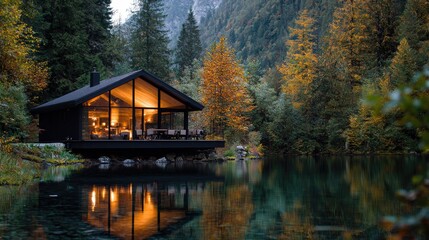 Modern cabin lake autumnal forest evening retreat
