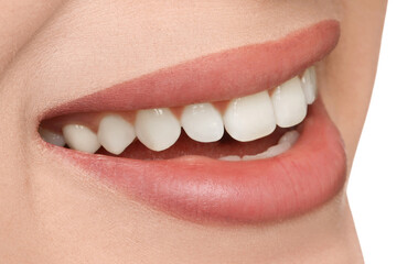Fototapeta premium Young woman with healthy teeth and beautiful smile, closeup